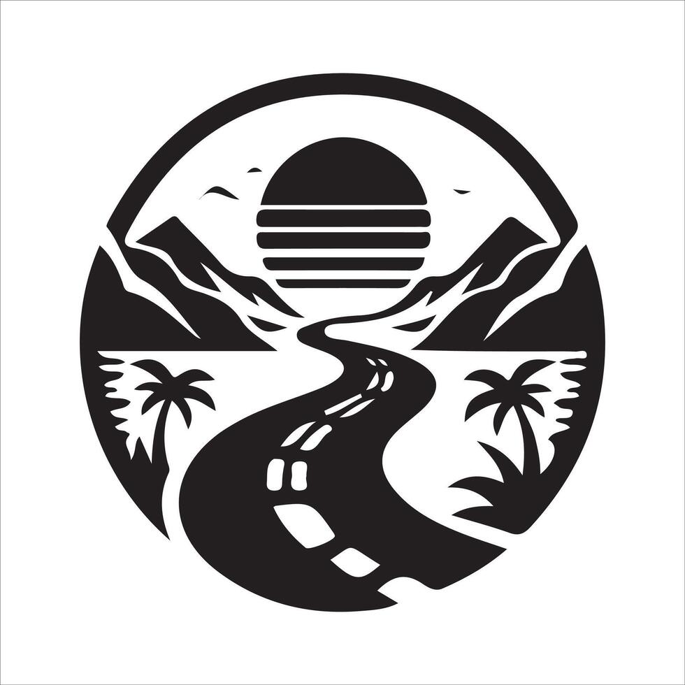 A logo for a road with mountains and palm trees vector