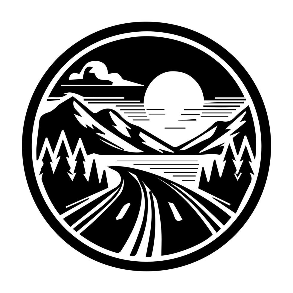 A black and white image of a road and mountains vector