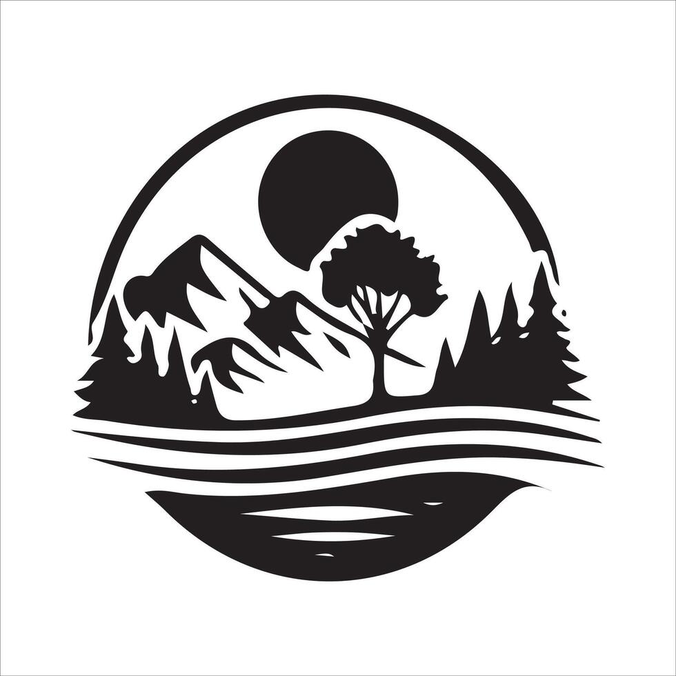 A black and white logo for a lake and mountains vector