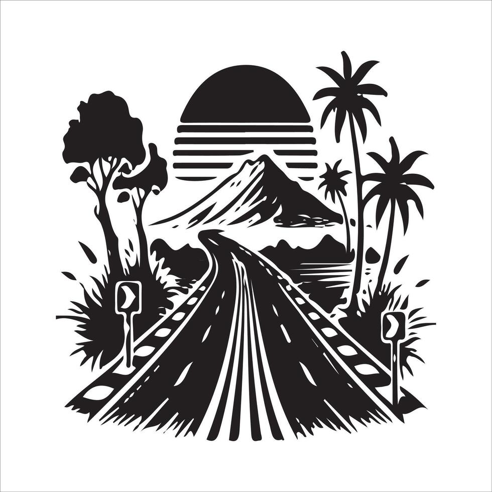 A black and white image of a road with palm trees and mountains vector
