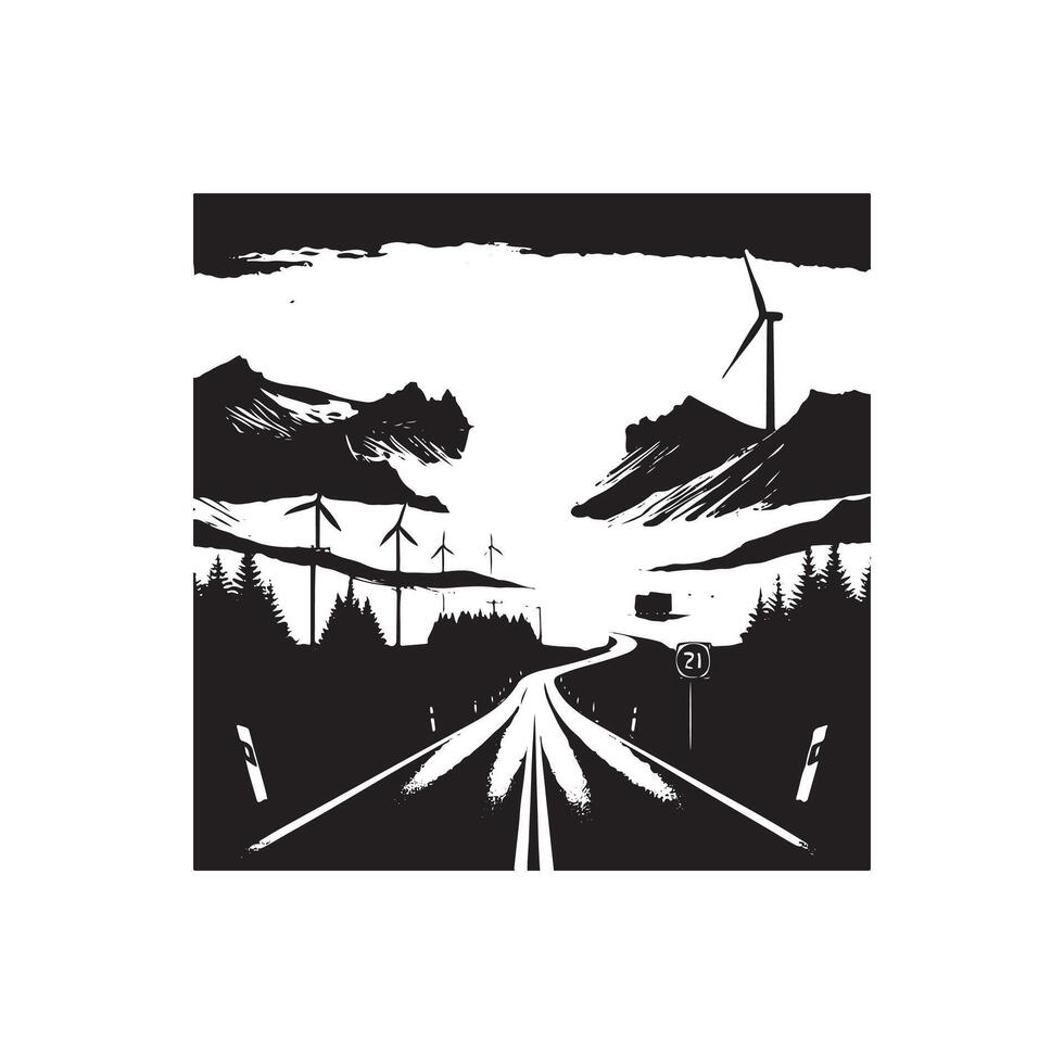 A black and white illustration of a road with wind turbines vector