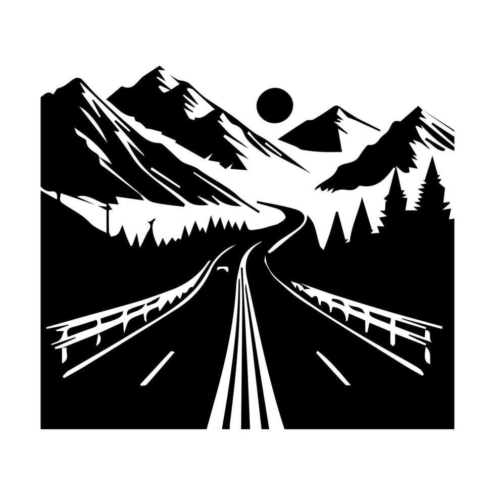 A black and white illustration of a road and mountains vector