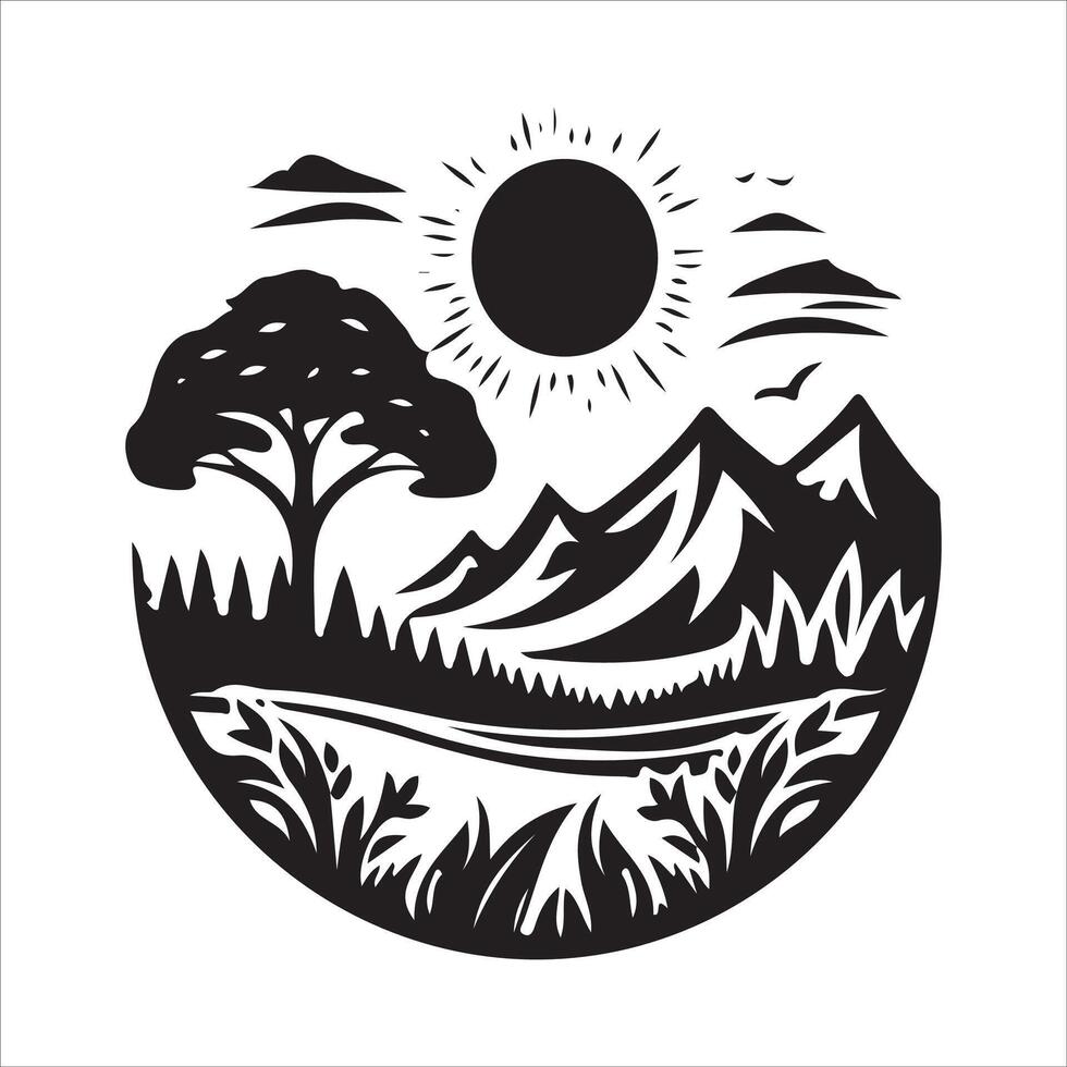 A black and white illustration of a mountain landscape vector