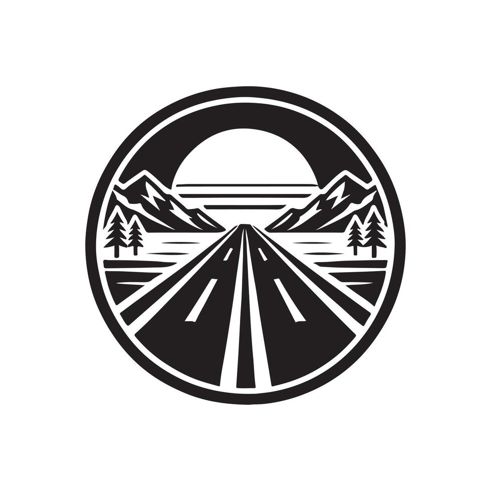 A black and white image of a road with mountains in the background vector