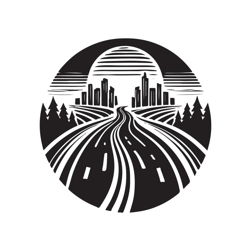 A black and white image of a road with trees and buildings vector