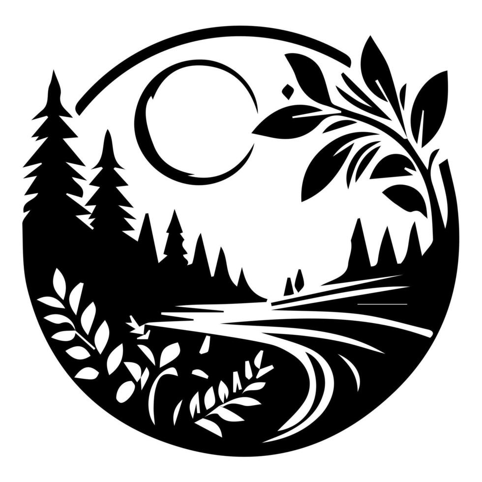A black and white logo of a forest and a moon vector