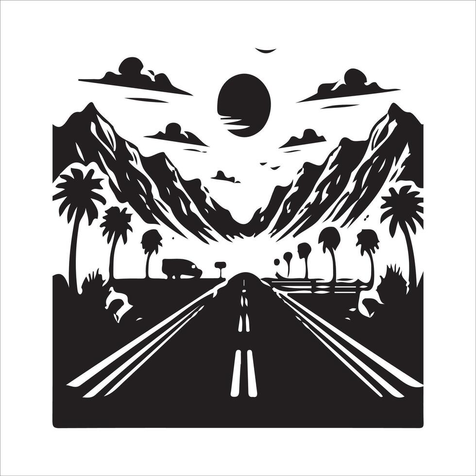 A black and white illustration of a road with palm trees vector