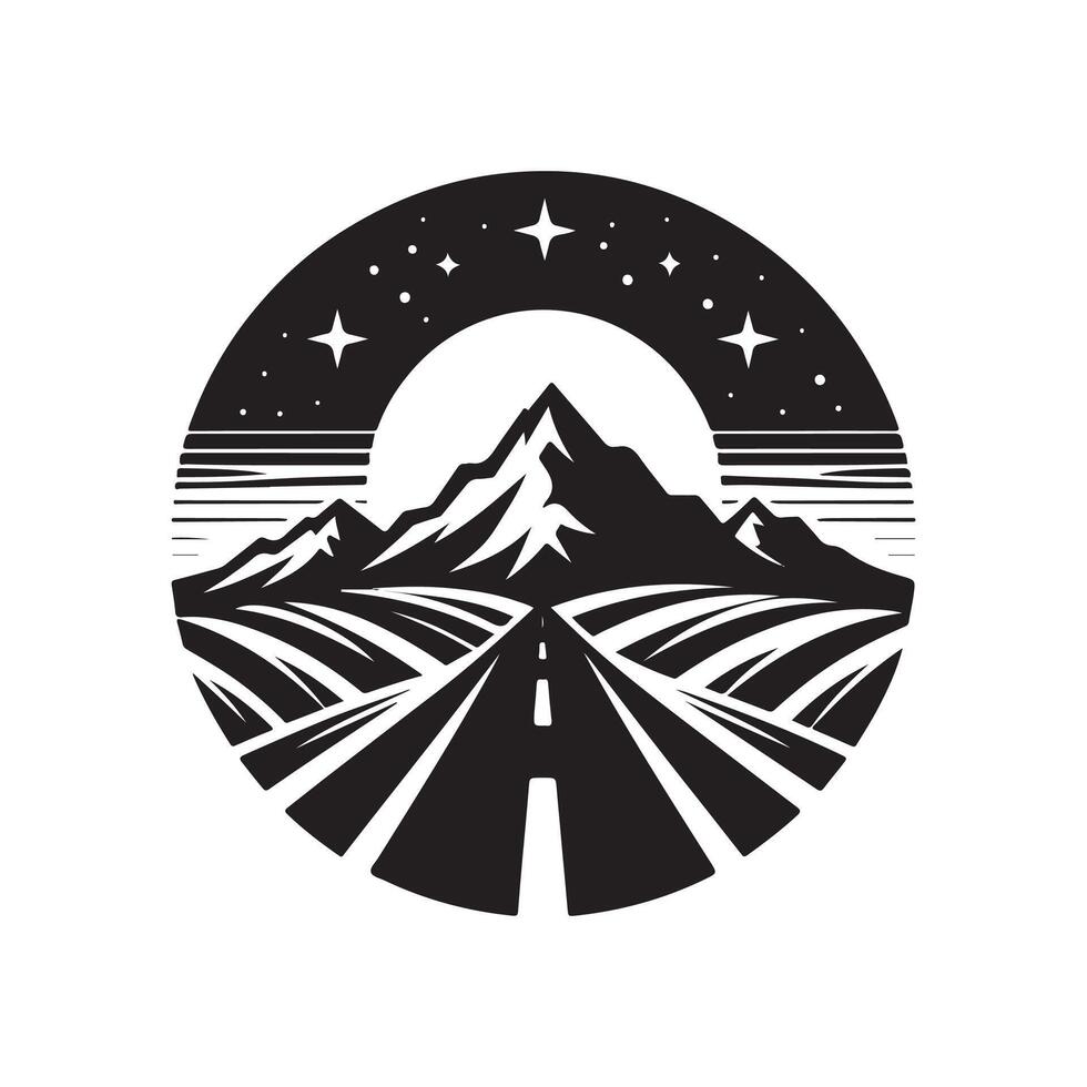 A black and white logo with mountains and a road vector