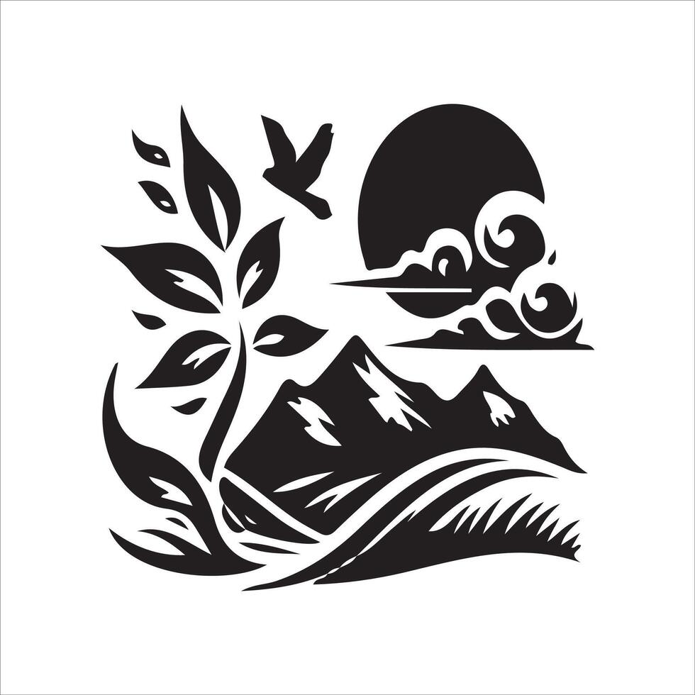 A black and white illustration of a mountain and a bird vector