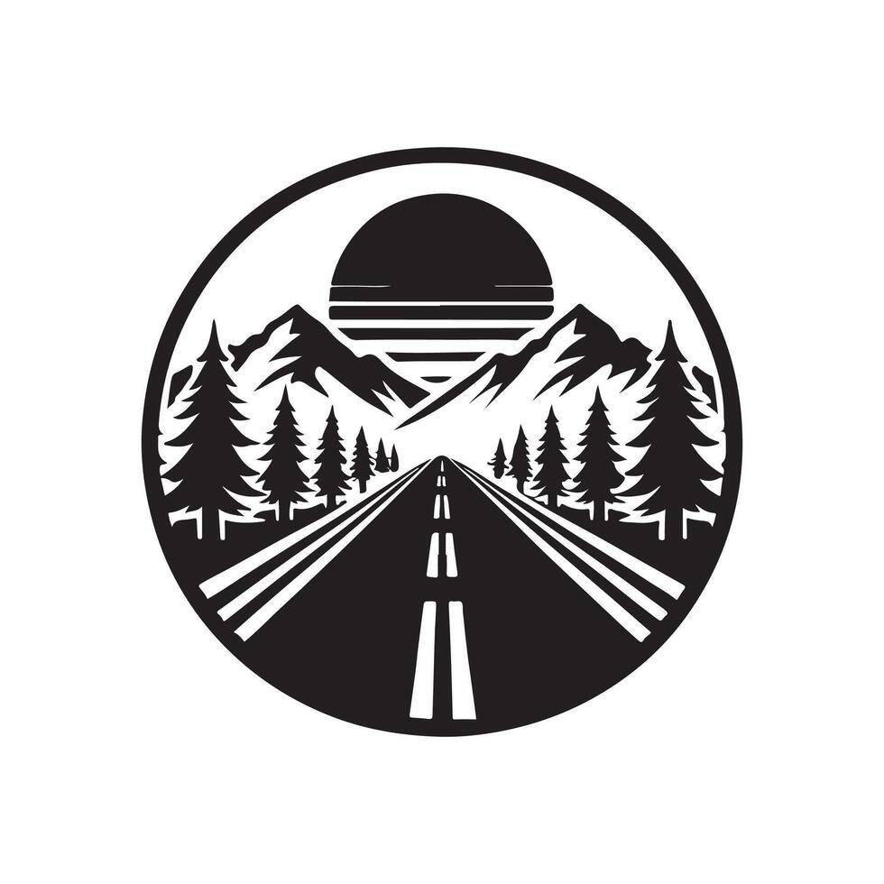 A black and white logo for a road with trees and mountains vector