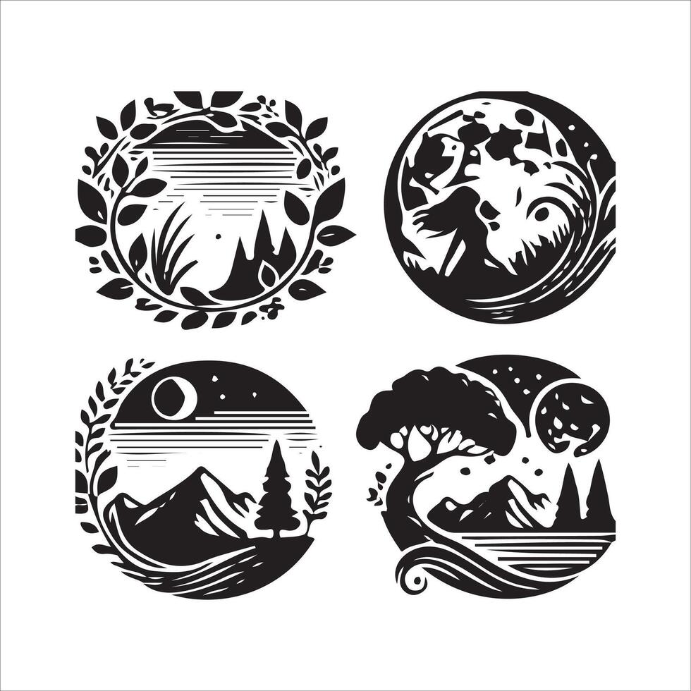 Four different designs of the forest, mountains and trees vector