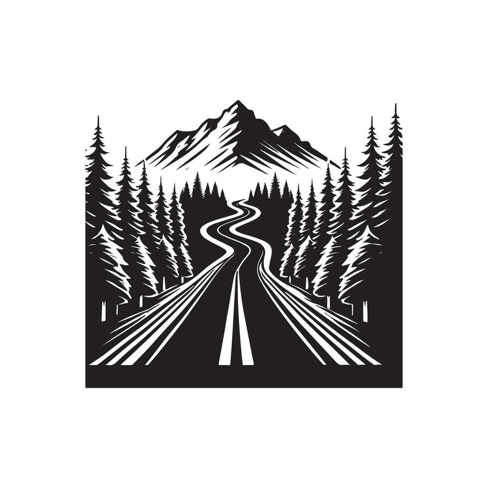 A black and white logo of a road with trees and mountains vector
