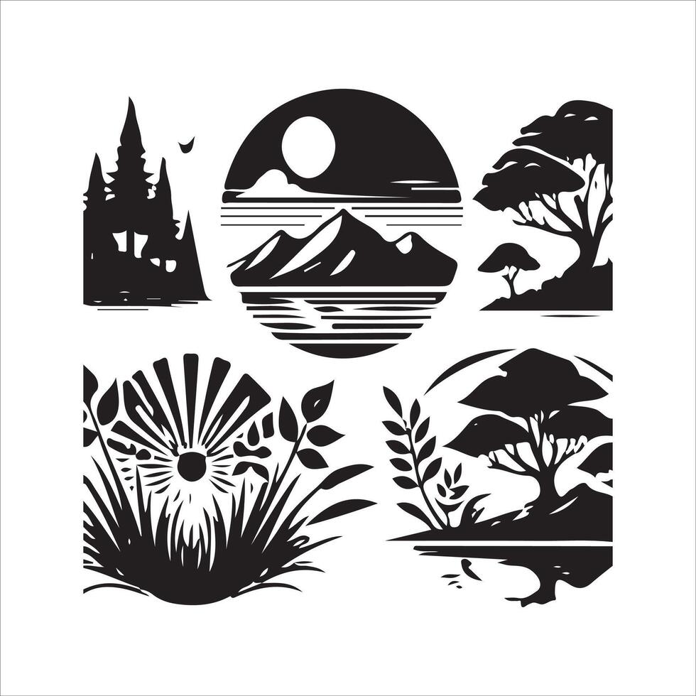 A set of black and white silhouettes of trees, mountains and lakes vector