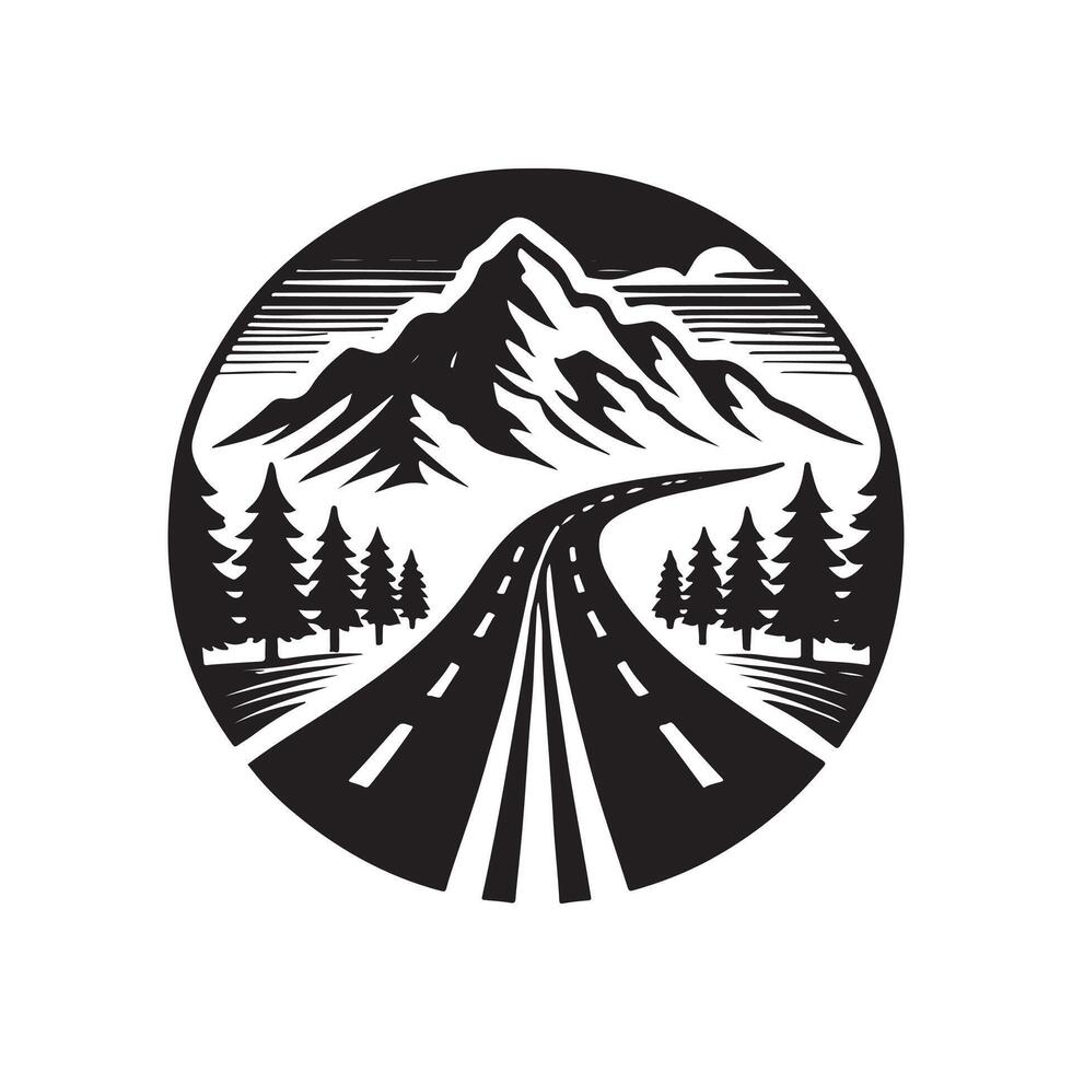 A black and white image of a road and mountains vector