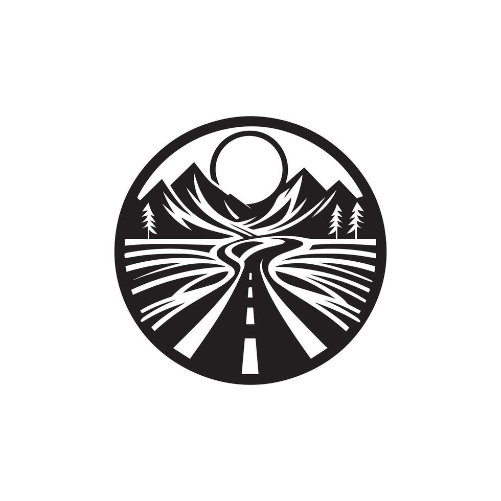 A black and white logo for a mountain road vector