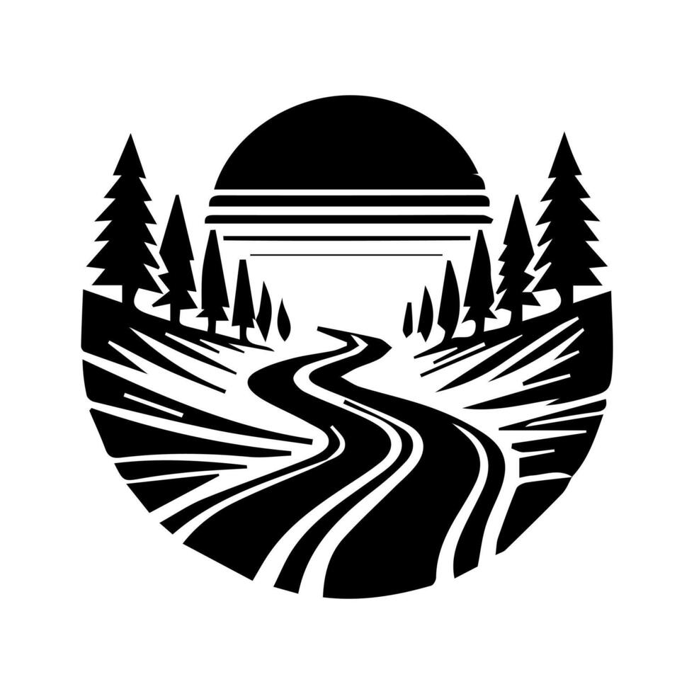 A black and white logo with a road and trees vector