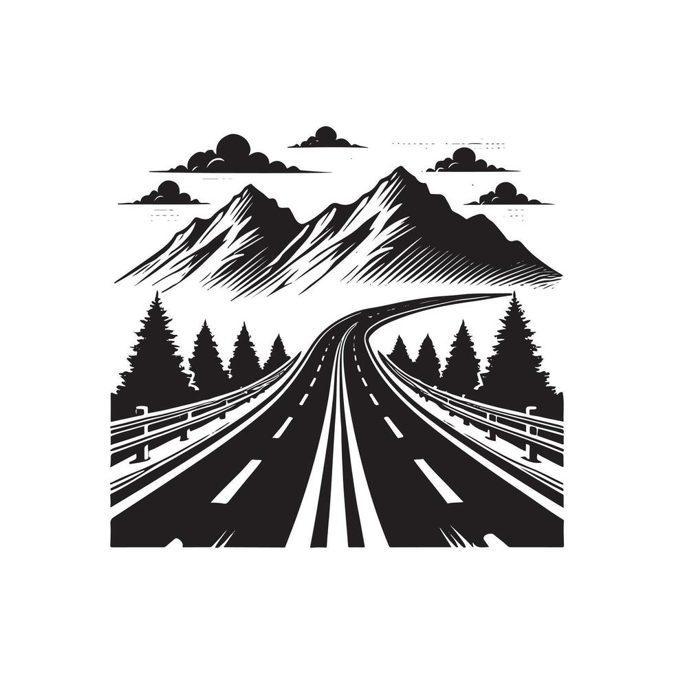 A black and white illustration of a road with mountains in the background vector