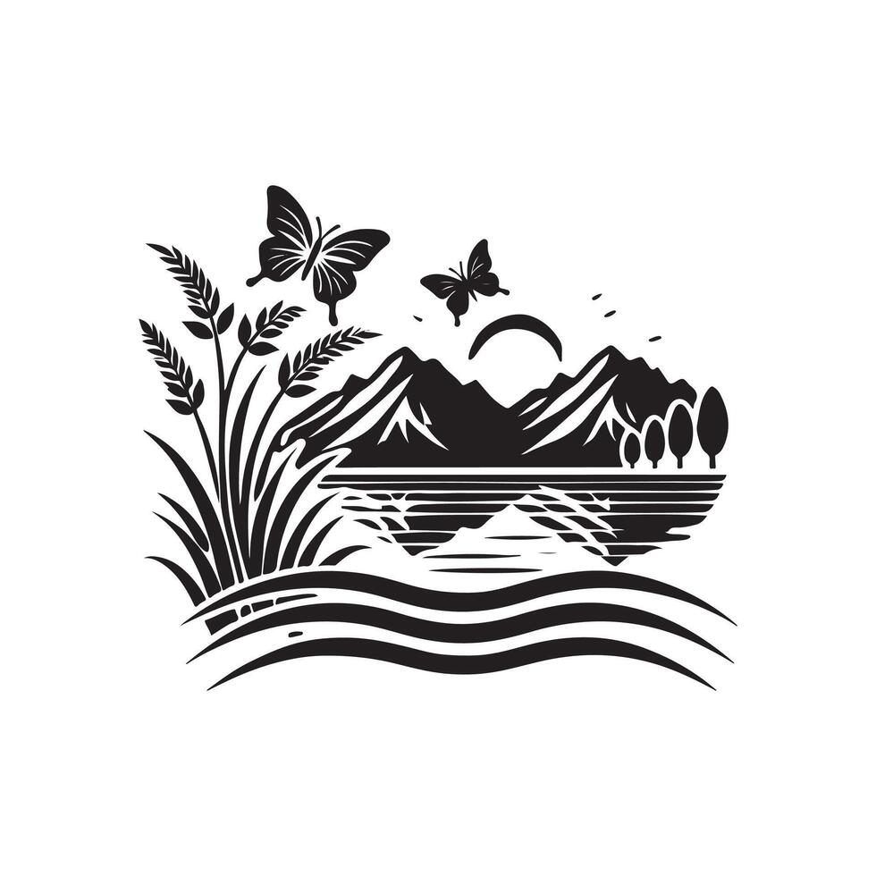 A black and white logo of a lake and mountains vector