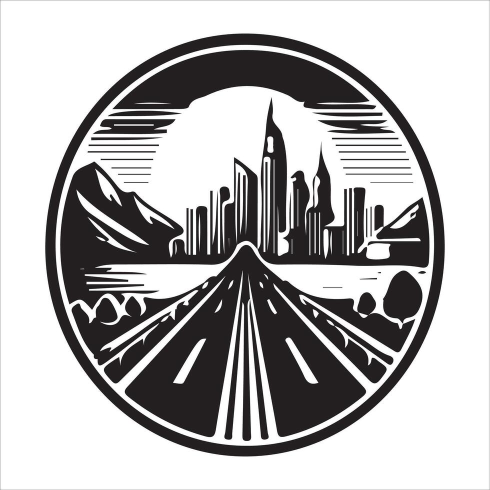 A black and white image of a road with a city in the background vector