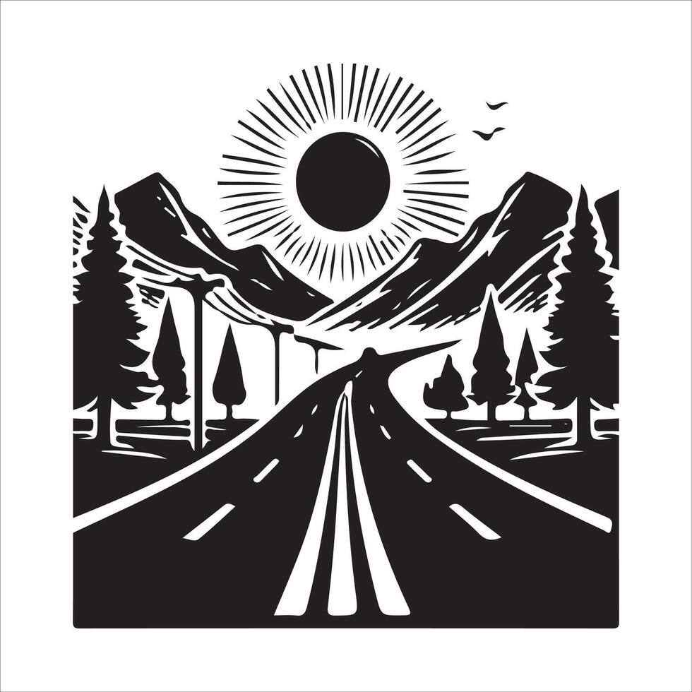 A black and white illustration of a road with trees and mountains vector