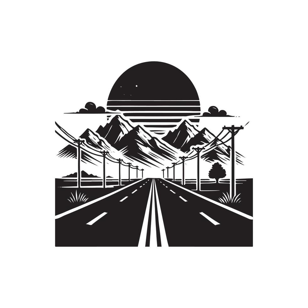 A black and white illustration of a road with mountains in the background vector