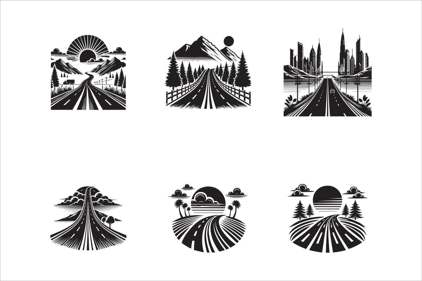 A set of four black and white images of mountains, trees and roads vector