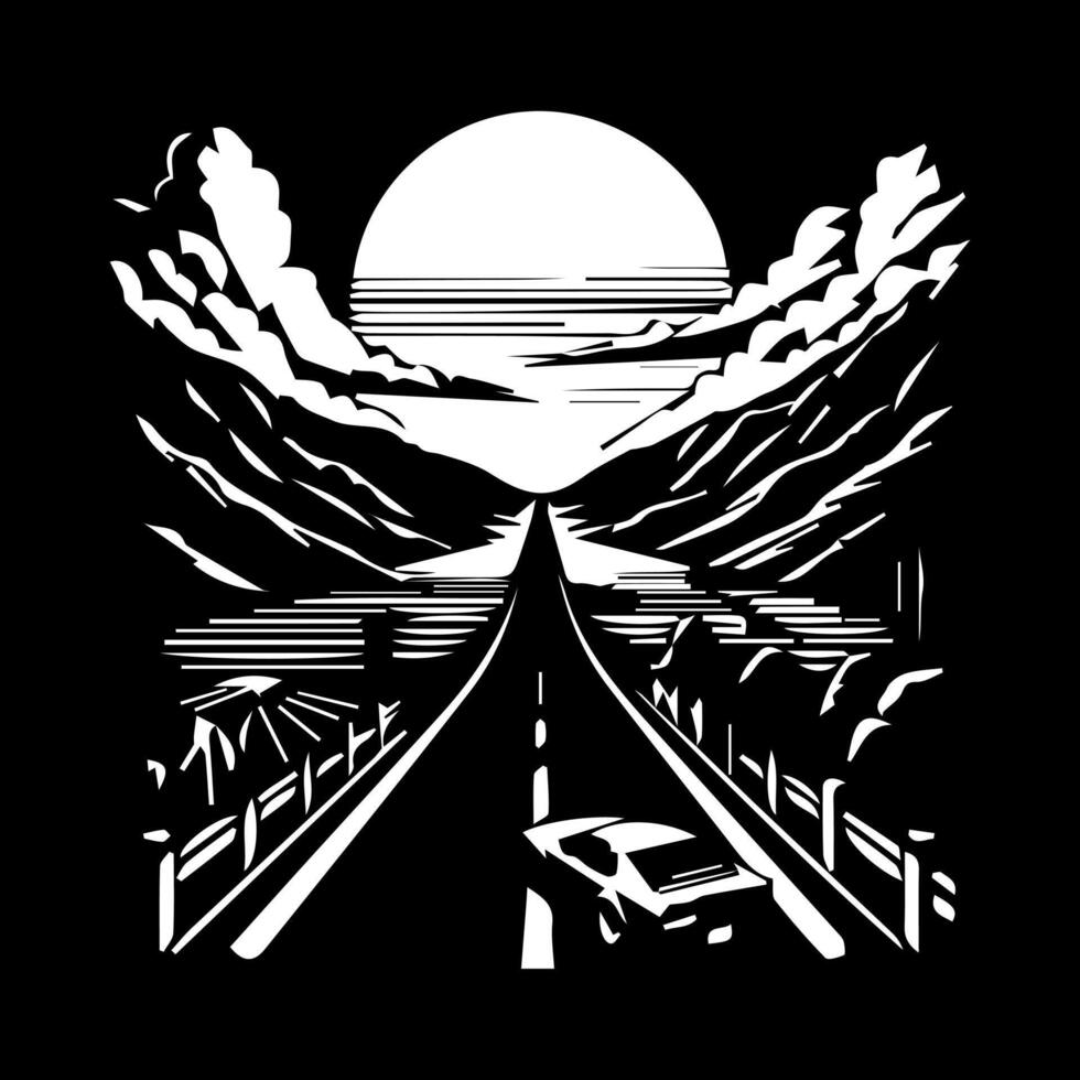 A black and white illustration of a road with a car driving down it vector