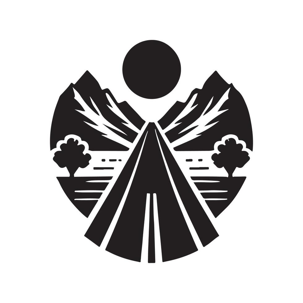 A black and white logo for a road with mountains in the background vector