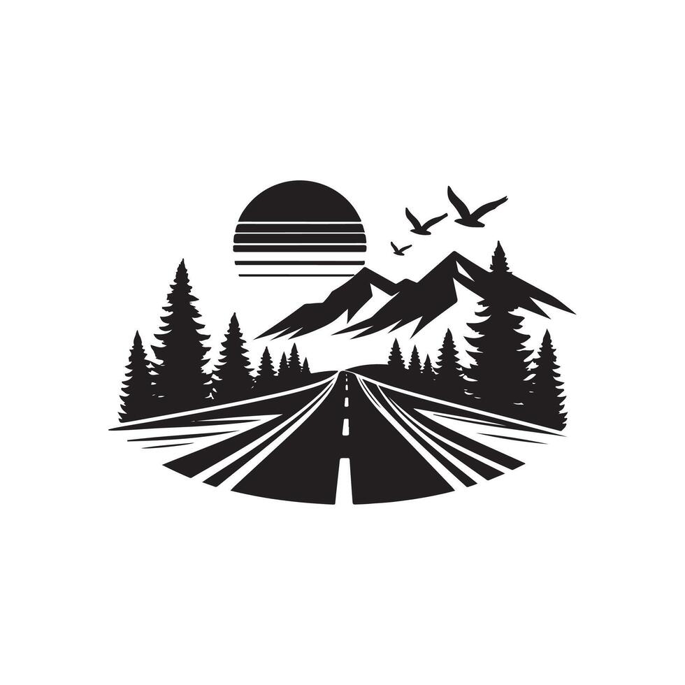 A black and white logo for a road with mountains and birds vector