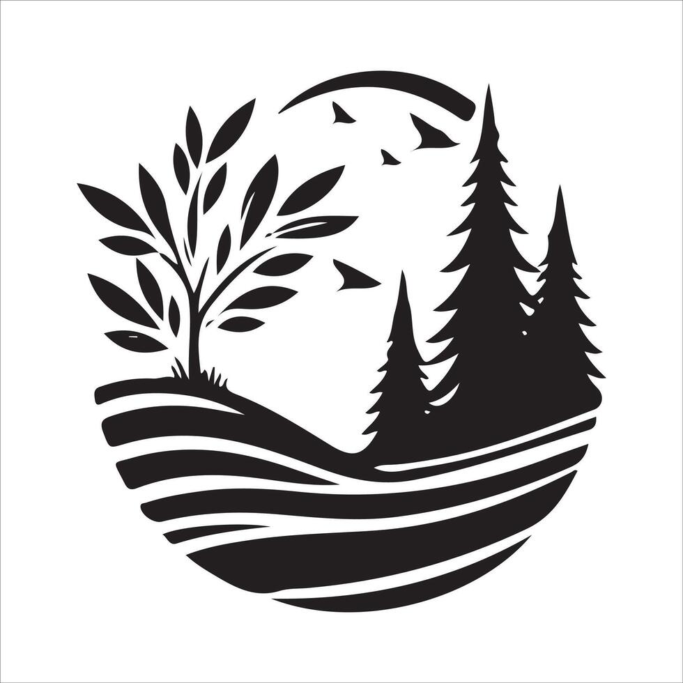 A black and white logo with trees and water vector