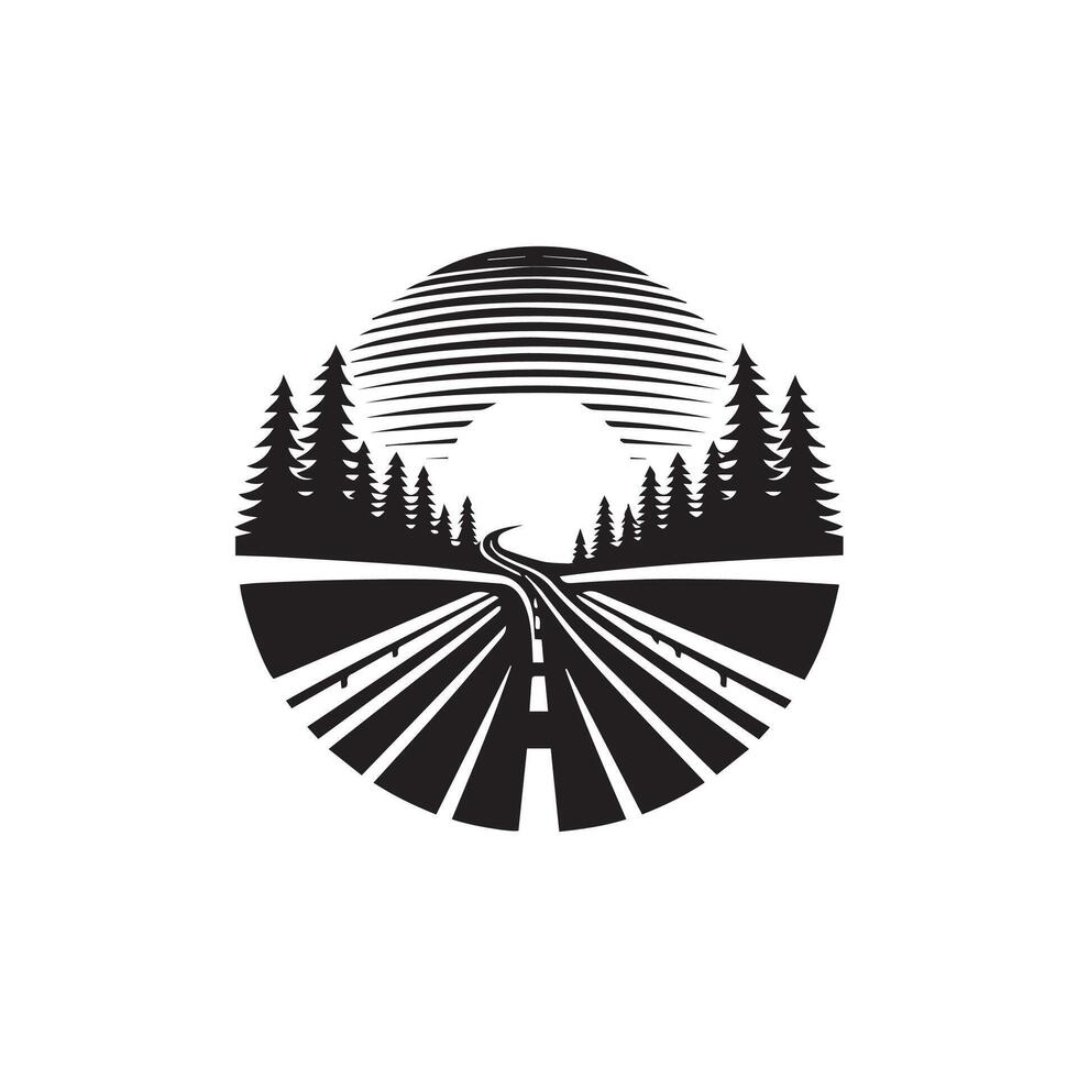 A black and white logo for a road with trees vector