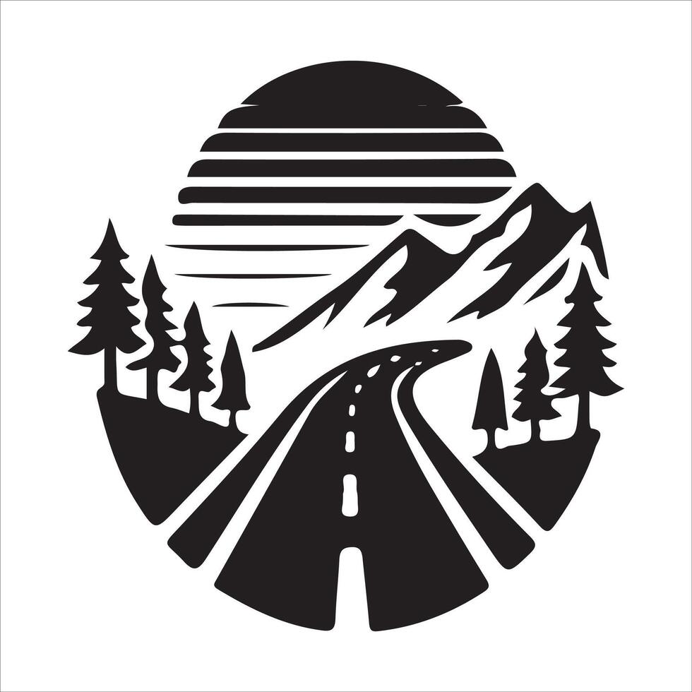A black and white logo with a road and trees vector