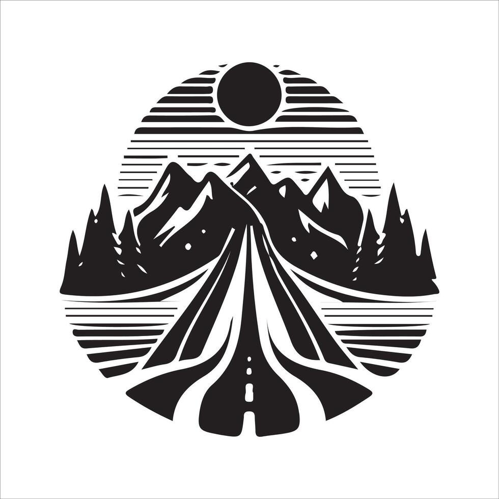 A black and white logo for a mountain road vector