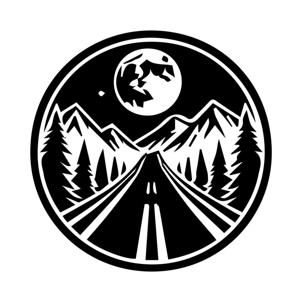 A black and white logo with a road and mountains vector