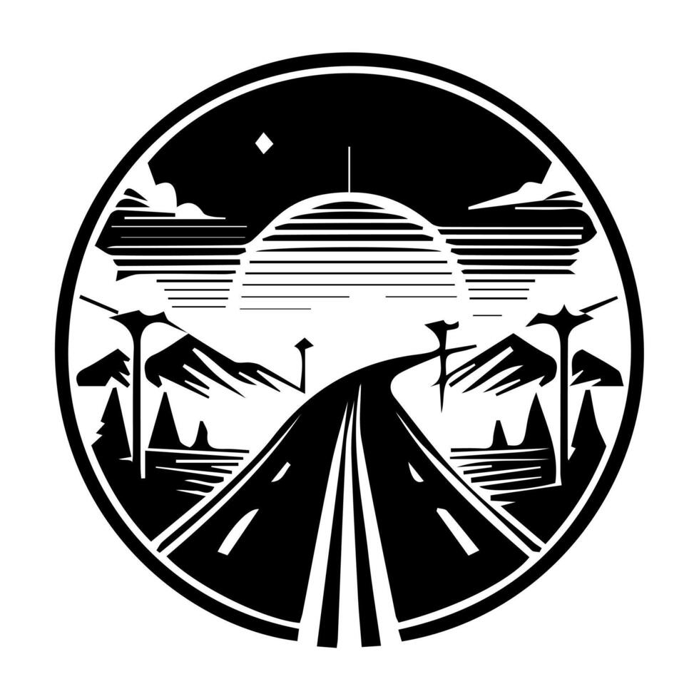 A black and white logo with a road and mountains vector
