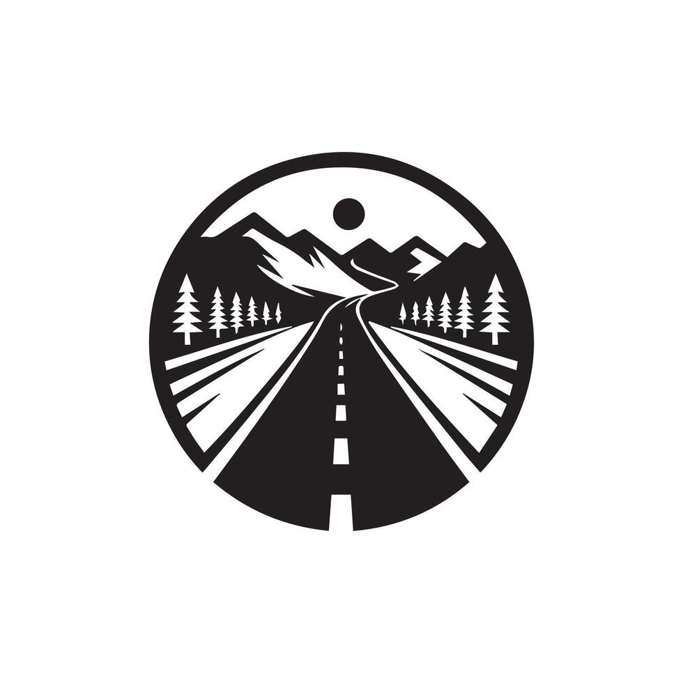 A black and white logo for a road with trees and mountains vector