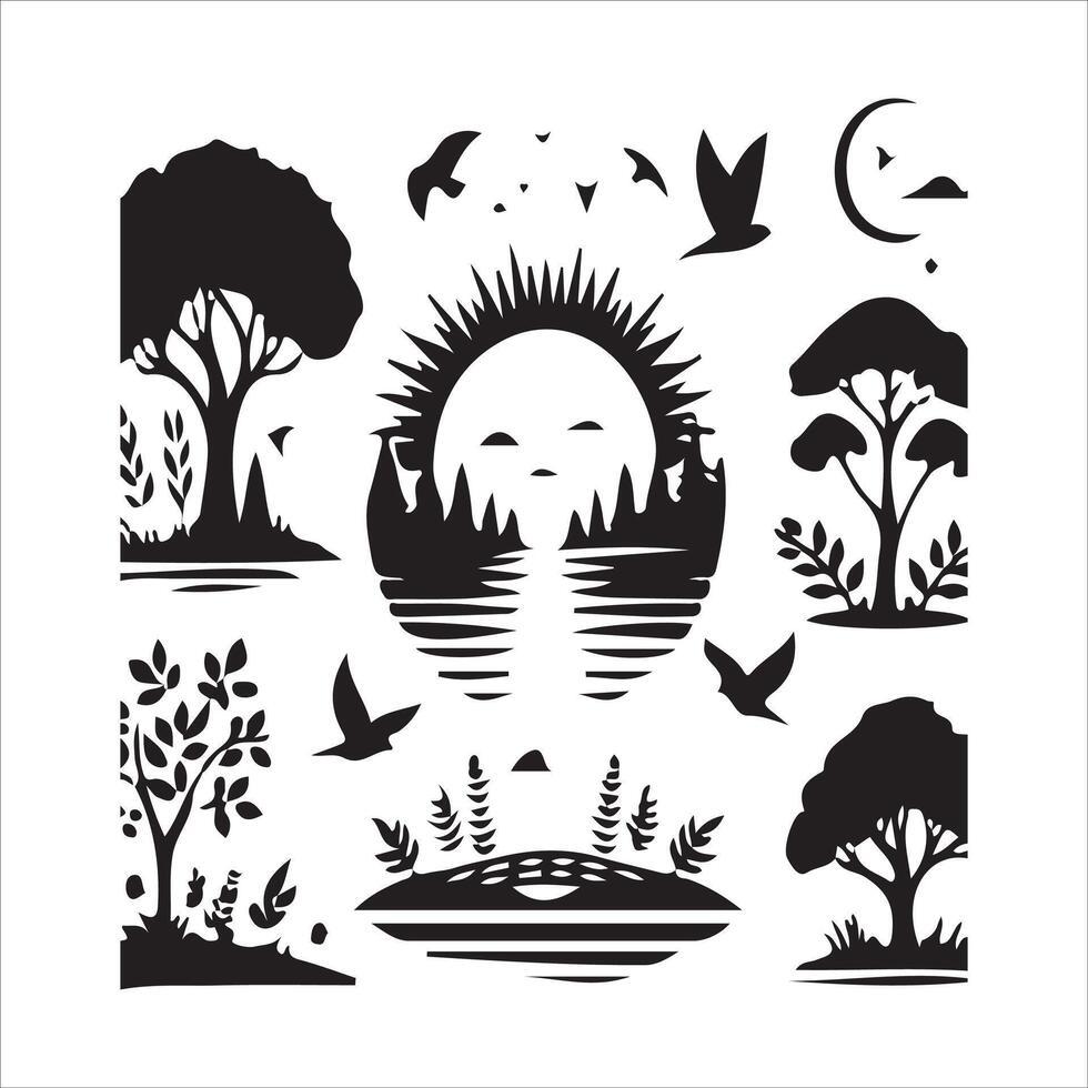 A set of silhouettes of trees, birds and sun vector