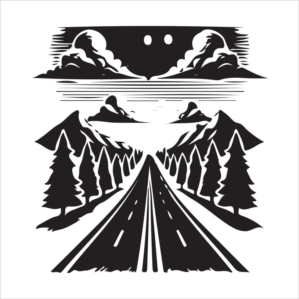 A black and white illustration of a road and trees vector