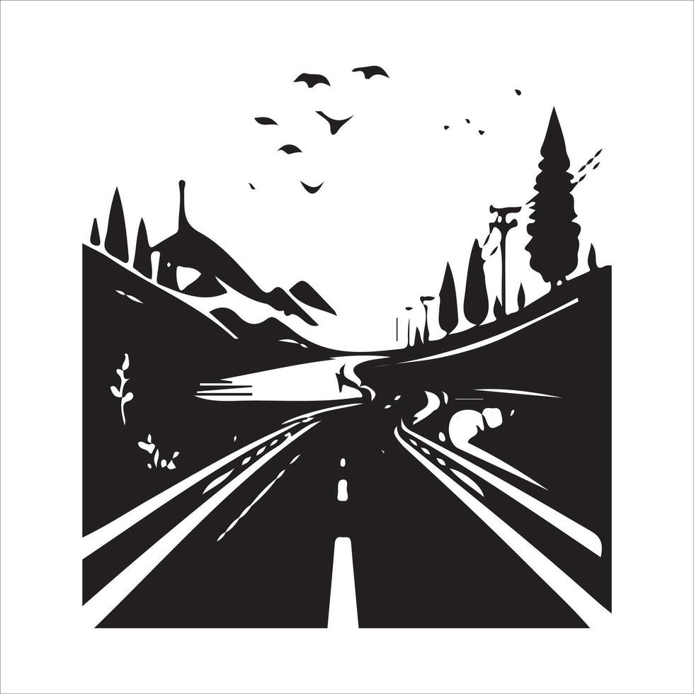 A black and white illustration of a road with trees and birds vector