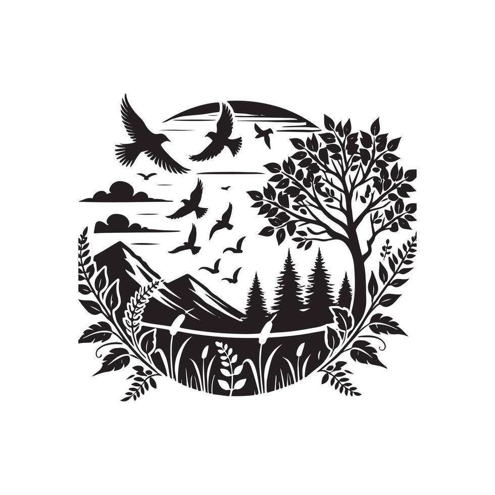 A black and white illustration of a tree and birds vector
