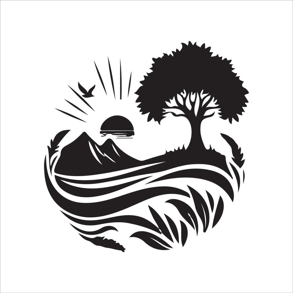 A tree and a bird are flying over a lake and mountains vector