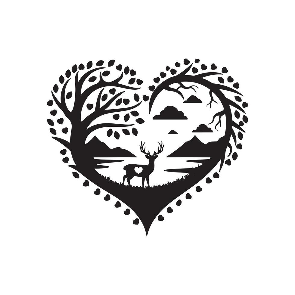 A heart shaped silhouette of a deer and tree vector