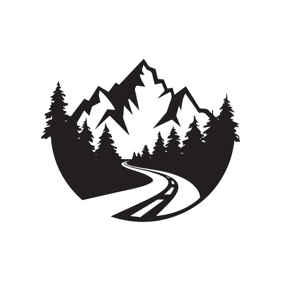 A mountain road with trees and mountains in the background vector