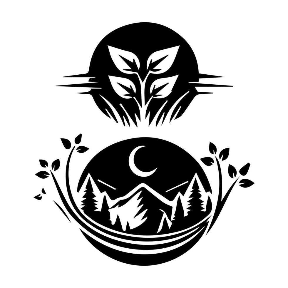 A black and white logo with a mountain and trees vector