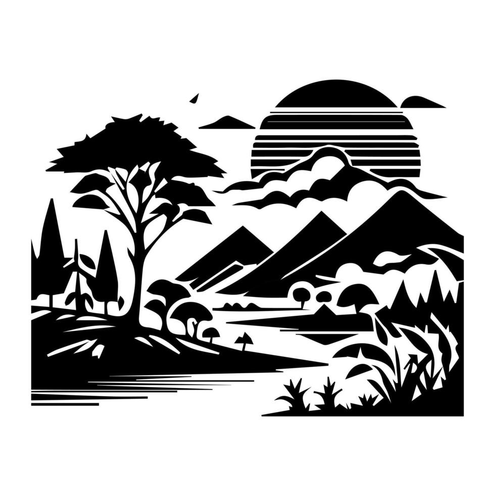 A black and white illustration of a landscape vector