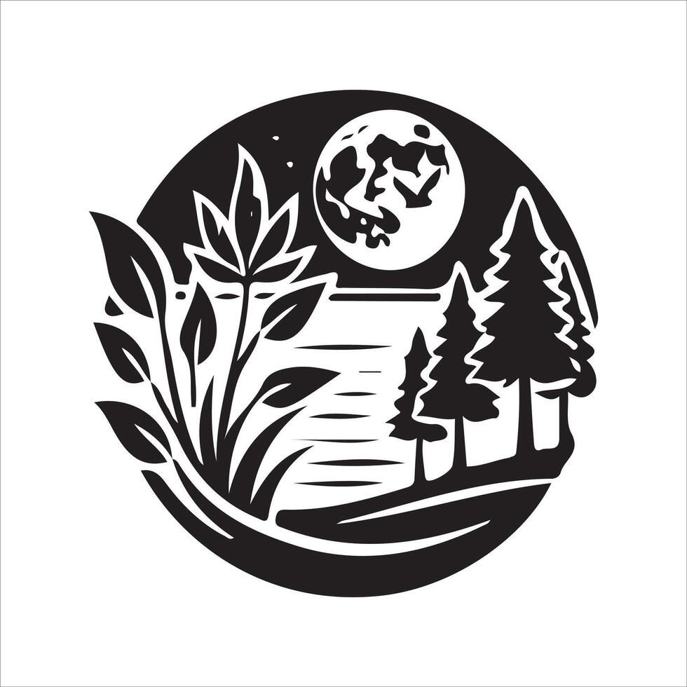 A black and white logo of a forest with trees and a moon vector