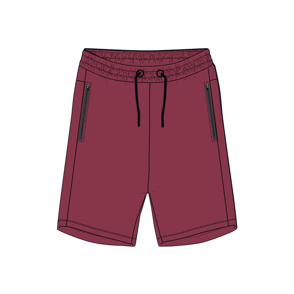 Red color sweat short pant with side zipper pocket isolated on white back vector