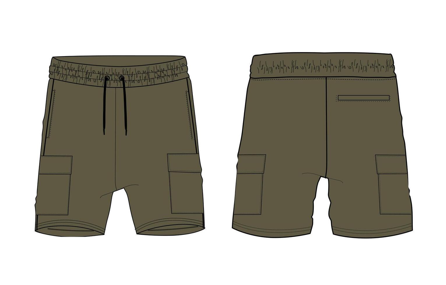 Olive color sweat shorts pant front and back with pocket isolated on white background vector
