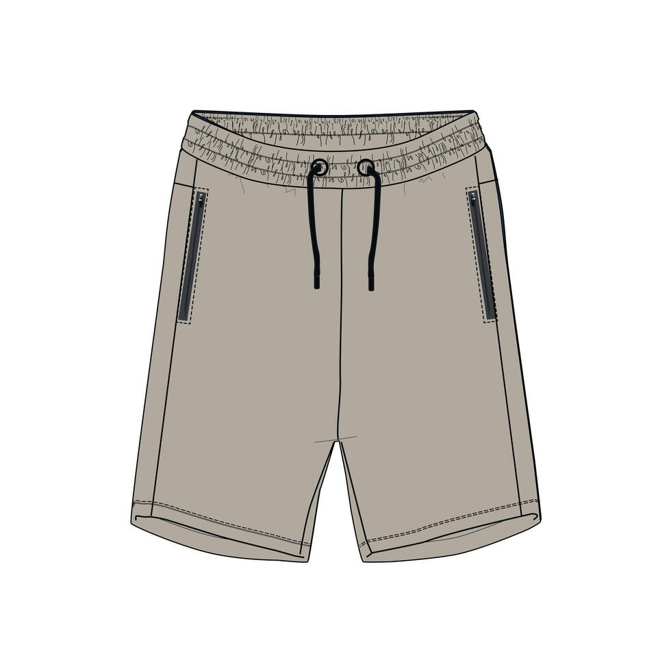 Khaki color sweat short pant with side zipper pocket isolated on white back vector