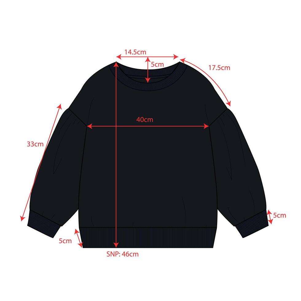 Black color sweater for ladies with measurements isolated on white back vector